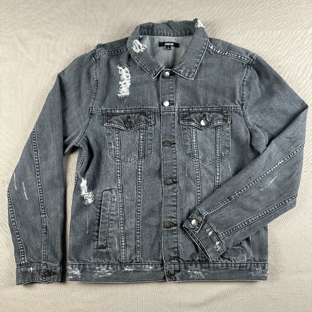 MENS JACKSON DISTRESSED DESTROYED HEAVYWEAR BLACK DENIM JEAN JACKET LARGE L